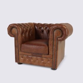 Fauteuil chesterfield en cuir aniline marron vintage – Smith