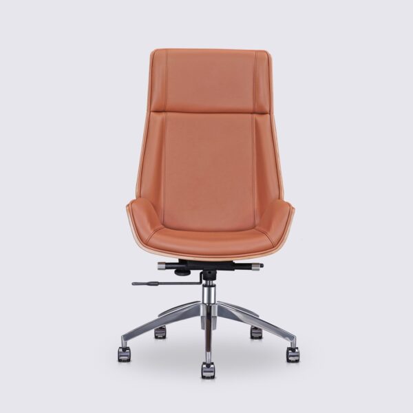 Eames Bürostuhl aus cognacfarbenem Leder und Eschenholz mit hoher ergonomischer Rückenlehne