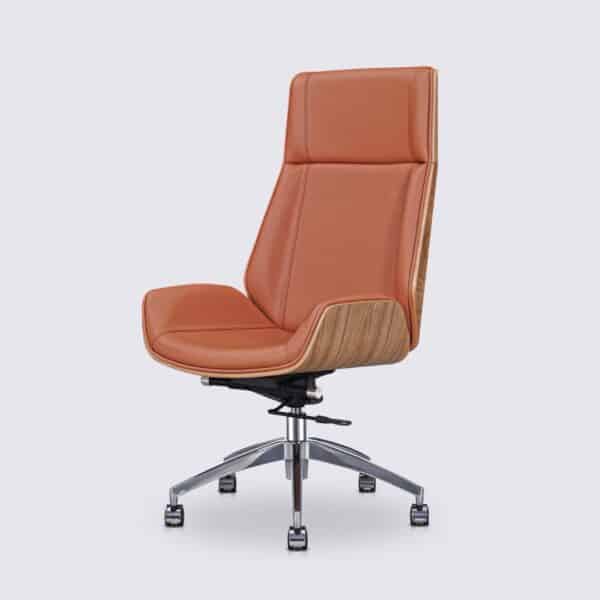 fauteuil de bureau ergonomique eames en cuir cognac et bois de frêne dossier haut