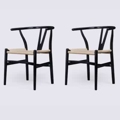 Lot de 2 chaises wishbone de salle à manger en bois de frêne noir et rotin naturel CH24 Hans Wegner Carl Hansen