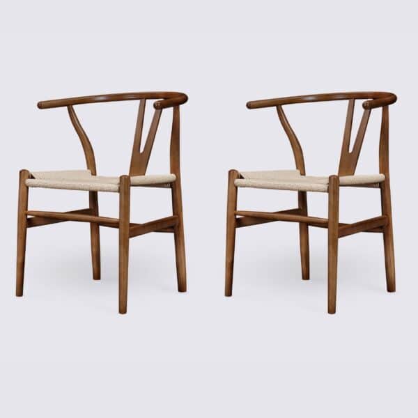 Set of 2 CH24 walnut and natural rattan wishbone dining chairs by Hans Wegner Carl Hansen