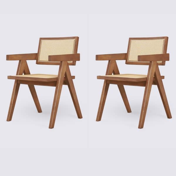 2 chaises chandigarh le corbusier en bois massif noyer rotin naturel design