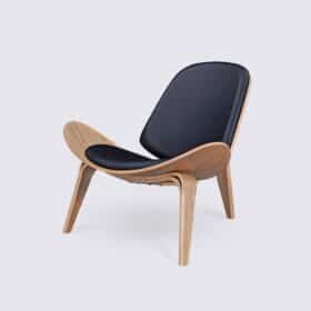 Fauteuil tripode design en cuir pleine fleur noir et bois de frêne - Carl