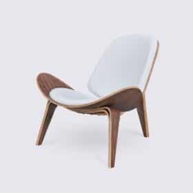 Fauteuil tripode design en cuir pleine fleur blanc et bois de noyer - Carl