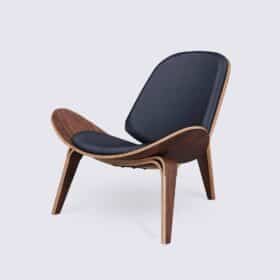 Fauteuil tripode design en cuir pleine fleur noir et bois de noyer – Carl