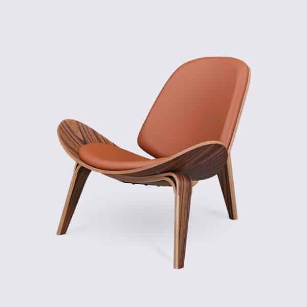 copia poltrona hans wegner shell ch07 in palissandro e pelle cognac design a treppiede per il soggiorno