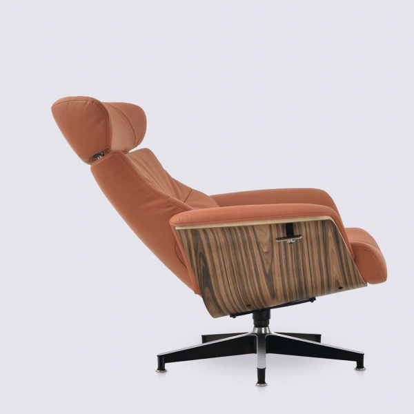 animation fauteuil lounge charles eames relax et ottoman en cuir pleine fleur cognac et bois de palissandre inclinable ajustable modulable