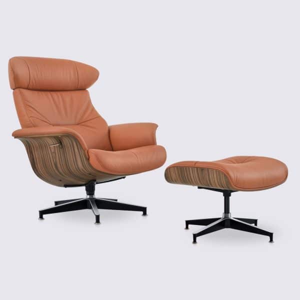 fauteuil lounge charles eames relax et ottoman en cuir pleine fleur cognac et bois de palissandre inclinable ajustable modulable