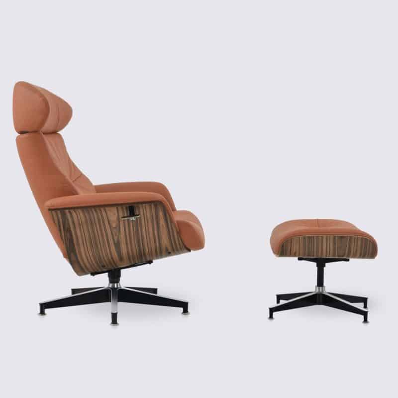 fauteuil lounge eames relax et ottoman en cuir pleine fleur cognac et bois de palissandre inclinable ajustable modulable