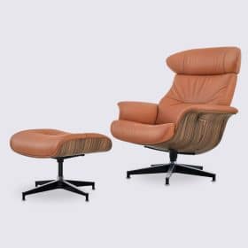 Fauteuil lounge et ottoman en cuir pleine fleur cognac et bois de palissandre inclinable – Confort