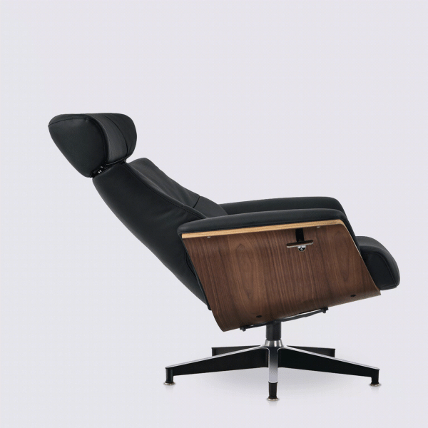 animation fauteuil lounge inclinable et ottoman en cuir pleine fleur noir et bois de noyer relax ajustable style charles eames confortable