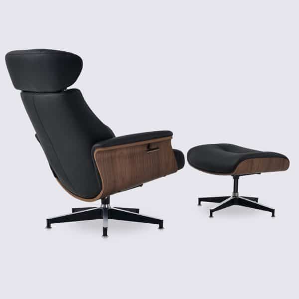 fauteuil lounge inclinable et ottoman en cuir pleine fleur noir et bois de noyer relax ajustable style charles eames confortable