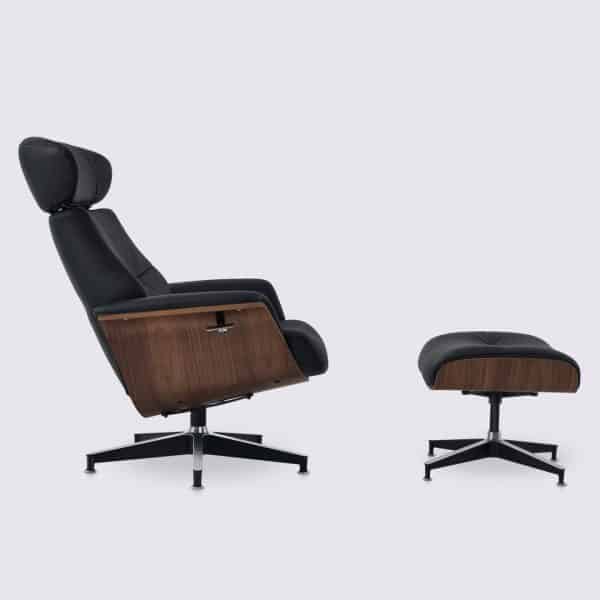 fauteuil lounge inclinable et repose pieds en cuir pleine fleur noir et bois de noyer relax ajustable style charles eames confortable