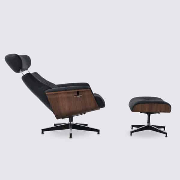 fauteuil lounge inclinable et ottoman en cuir pleine fleur noir et bois de noyer relax ajustable style charles eames confortable