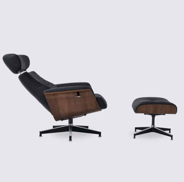 fauteuil lounge inclinable et ottoman en cuir pleine fleur noir et bois de noyer relax ajustable style eames confortable