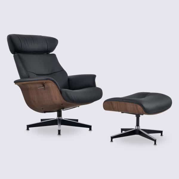 fauteuil lounge inclinable en cuir pleine fleur noir et bois de noyer relax ajustable style charles eames confortable