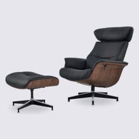 Fauteuil lounge et ottoman en cuir pleine fleur noir et bois de noyer inclinable – Confort