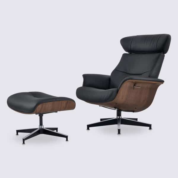 fauteuil lounge inclinable et ottoman en cuir pleine fleur noir et bois noyer relax ajustable style charles eames