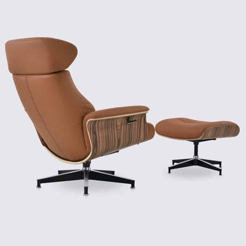 fauteuil lounge relax et ottoman en cuir pleine fleur cognac et bois de palissandre inclinable ajustable style charles eames confortable