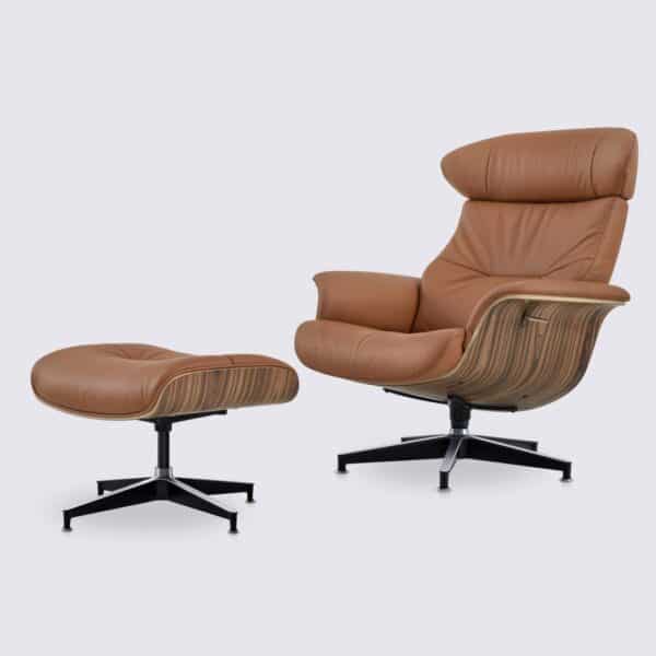 comfortable lounge chair and ottoman in cognac full-grain leather and adjustable rosewood charles eames style