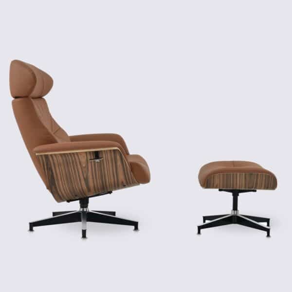 Relax-Lounge-Sessel mit Fußstütze aus vollnarbigem Leder in Cognac und Palisanderholz, verstellbare Neigung, Stil Charles Eames, komfortabel