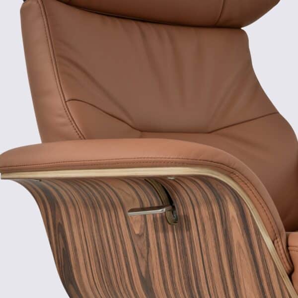 comfortable eames-inspired full-grain cognac leather and rosewood adjustable recliner lounge chair and ottoman