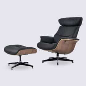 Lounge chair and ottoman in black full-grain leather and reclining walnut wood - Confort