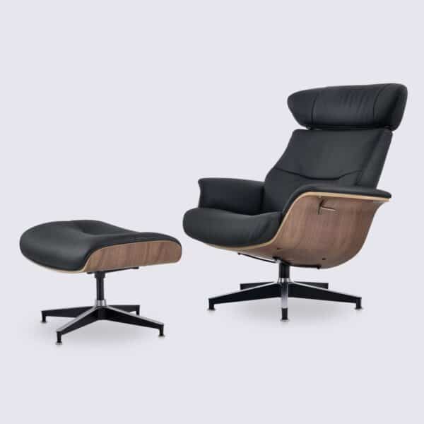 comoda sedia lounge reclinabile in pelle nera pieno fiore e legno di noce con poggiapiedi regolabile in stile charles eames