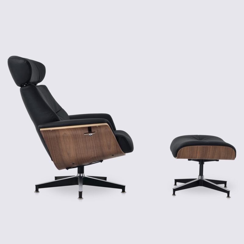 cómodo sillón y otomana de piel plena flor negra y madera de nogal ajustable estilo charles eames