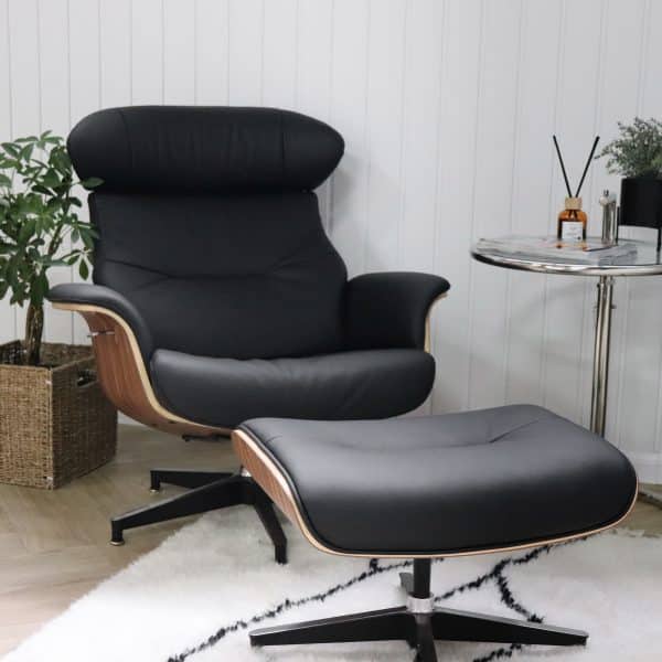 fauteuil lounge relax et ottoman en cuir pleine fleur noir et bois de palissandre inclinable ajustable charles eames confortable