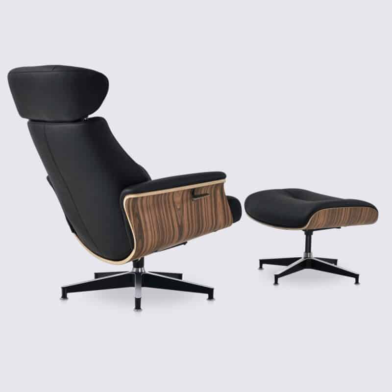 comoda poltrona lounge reclinabile in pelle nera pieno fiore e palissandro regolabile in stile eames con pouf