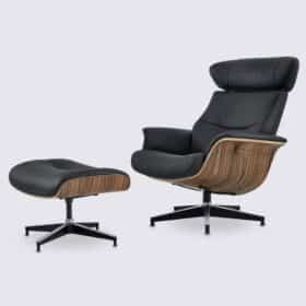 Lounge chair and ottoman in black full-grain leather and reclining rosewood - Confort