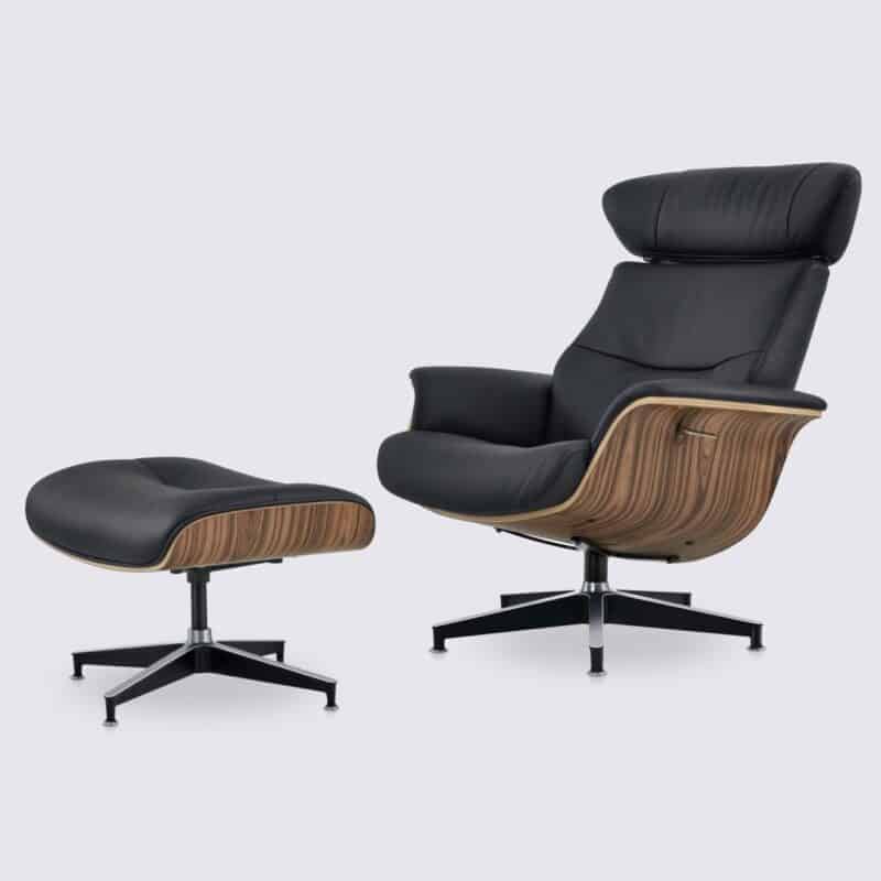 confortável espreguiçadeira e otomana reclinável ajustável em pele preta italiana e pau-rosa estilo eames