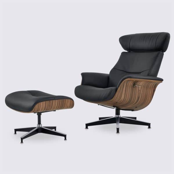 fauteuil lounge relax et ottoman en cuir pleine fleur noir et bois de palissandre inclinable ajustable style charles eames