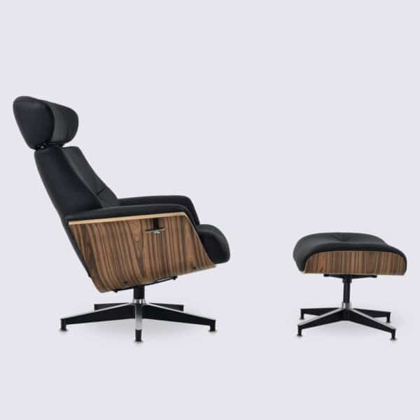 confortável poltrona e otomana estilo eames ajustável em pele preta de grão integral e pau-rosa