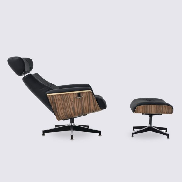 sillón y otomana eams en piel plena flor negra y palisandro con cómodo sillón reclinable ajustable estilo eames