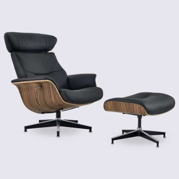 Relax-Lounge-Sessel und Ottoman aus schwarzem, vollnarbigem Leder und Palisanderholz, verstellbar, verstellbare Neigung, Eames Komfortabel