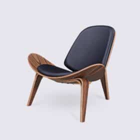 Fauteuil tripode design en cuir pleine fleur noir et bois de palissandre - Carl