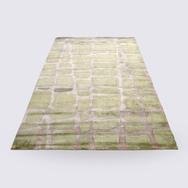 tapis de salon design couleur vert et taupe grand format 300cm fait main