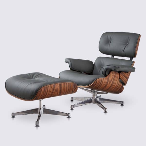 fauteuil lounge eames en cuir gris et bois de palissandre base chromé