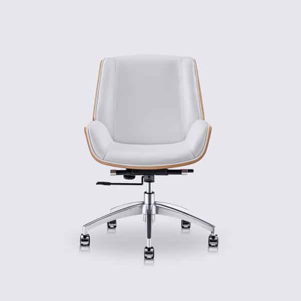 fauteuil de bureau eames en cuir blanc et bois de noyer roulettes sans accoudoirs