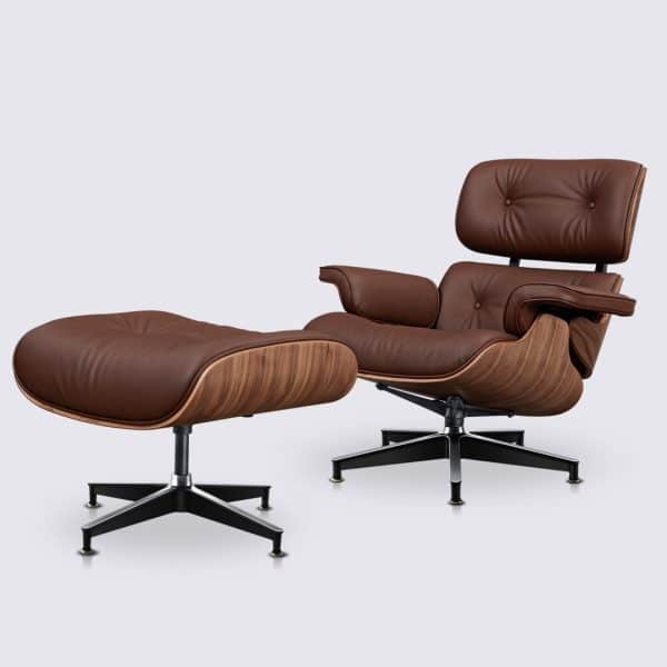 fauteuil lounge charles eames et ottoman en cuir italien aniline marron et bois de noyer lounge chair pour salon