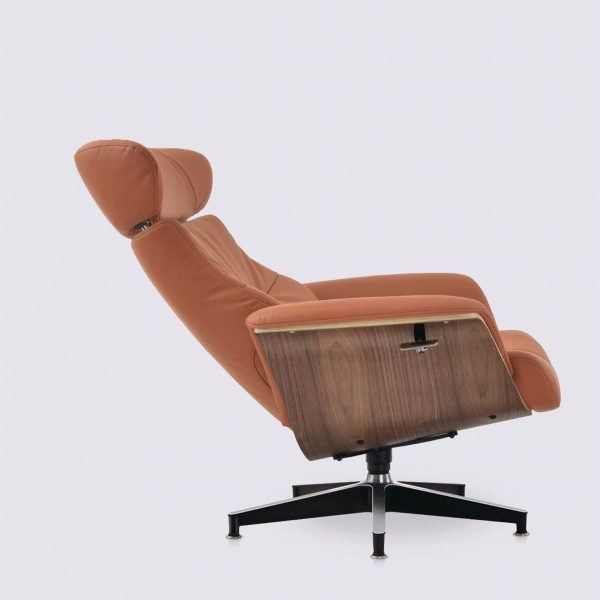 animation fauteuil lounge charles eames inclinable et ottoman en cuir cognac et bois de noyer relax ajustable modulable