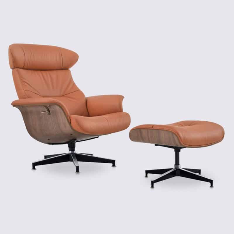 fauteuil lounge charles eames inclinable et ottoman en cuir cognac et bois de noyer relax ajustable modulable