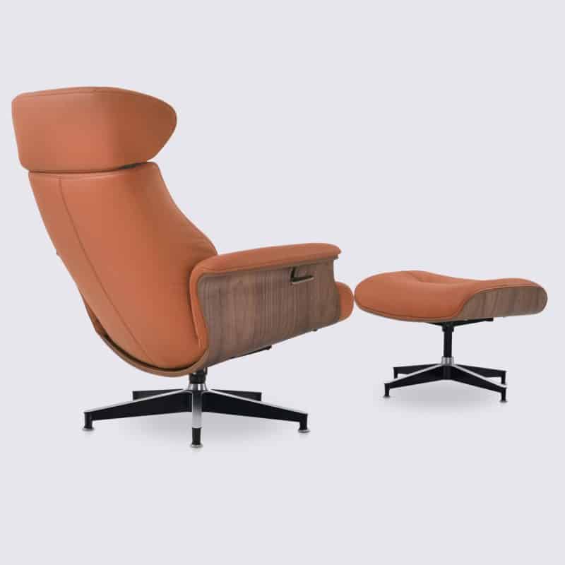 chaise lounge charles eames inclinable et ottoman en cuir cognac et bois de noyer relax ajustable modulable