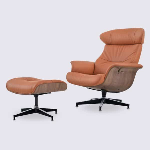 fauteuil lounge charles eames inclinable et ottoman en cuir marron cognac et bois de noyer relax ajustable modulable