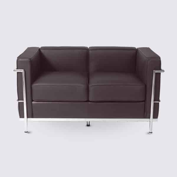 canapé lc2 2 places le corbusier replica en cuir marron fonce et acier inoxydable poli