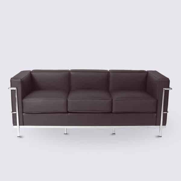 canapé lc2 3 places le corbusier dupe cuir marron foncé acier chromé inoxydable
