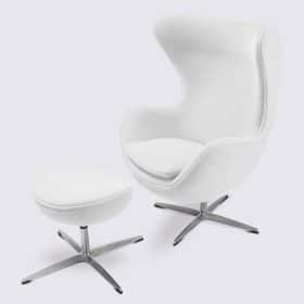 Fauteuil de salon et repose pieds design en cuir pleine fleur blanc – Oeuf