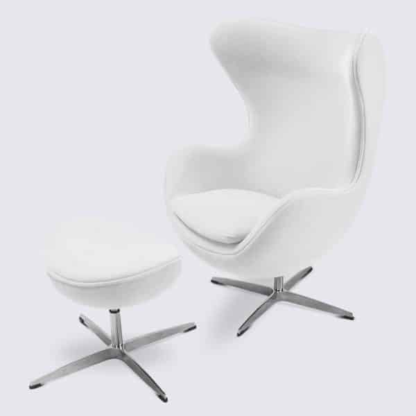 egg chair et ottoman arne jacobsen en cuir blanc et alu poli replica